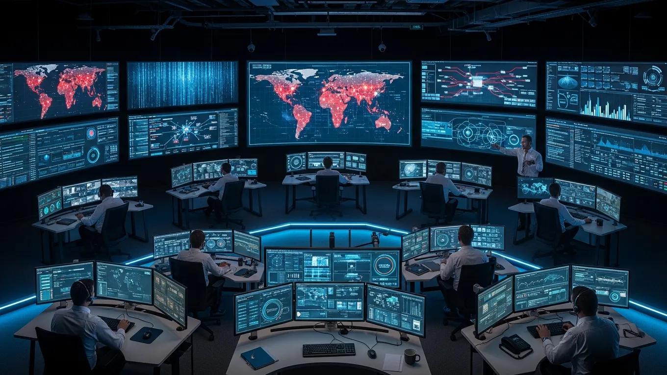 High-tech security operations center monitoring cyber threats