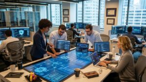 Professionals collaborating on cyber security solutions in a modern office