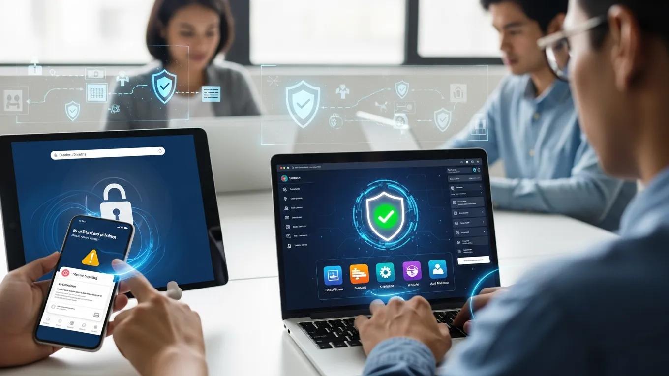 Various endpoint devices protected by advanced security software in a modern workspace