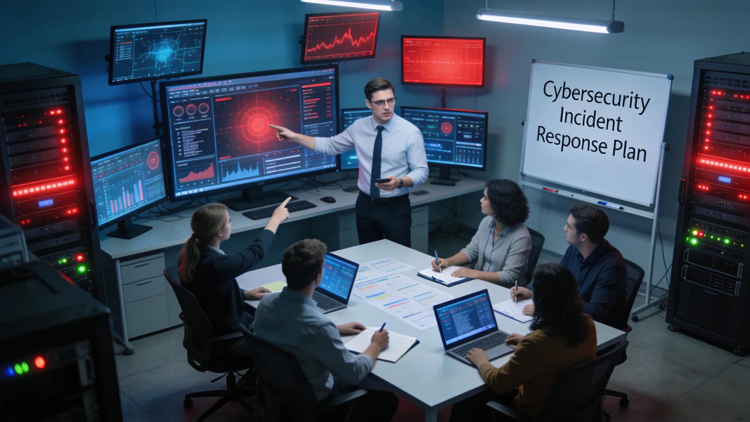 Cybersecurity team conducting an incident response drill in a small business setting