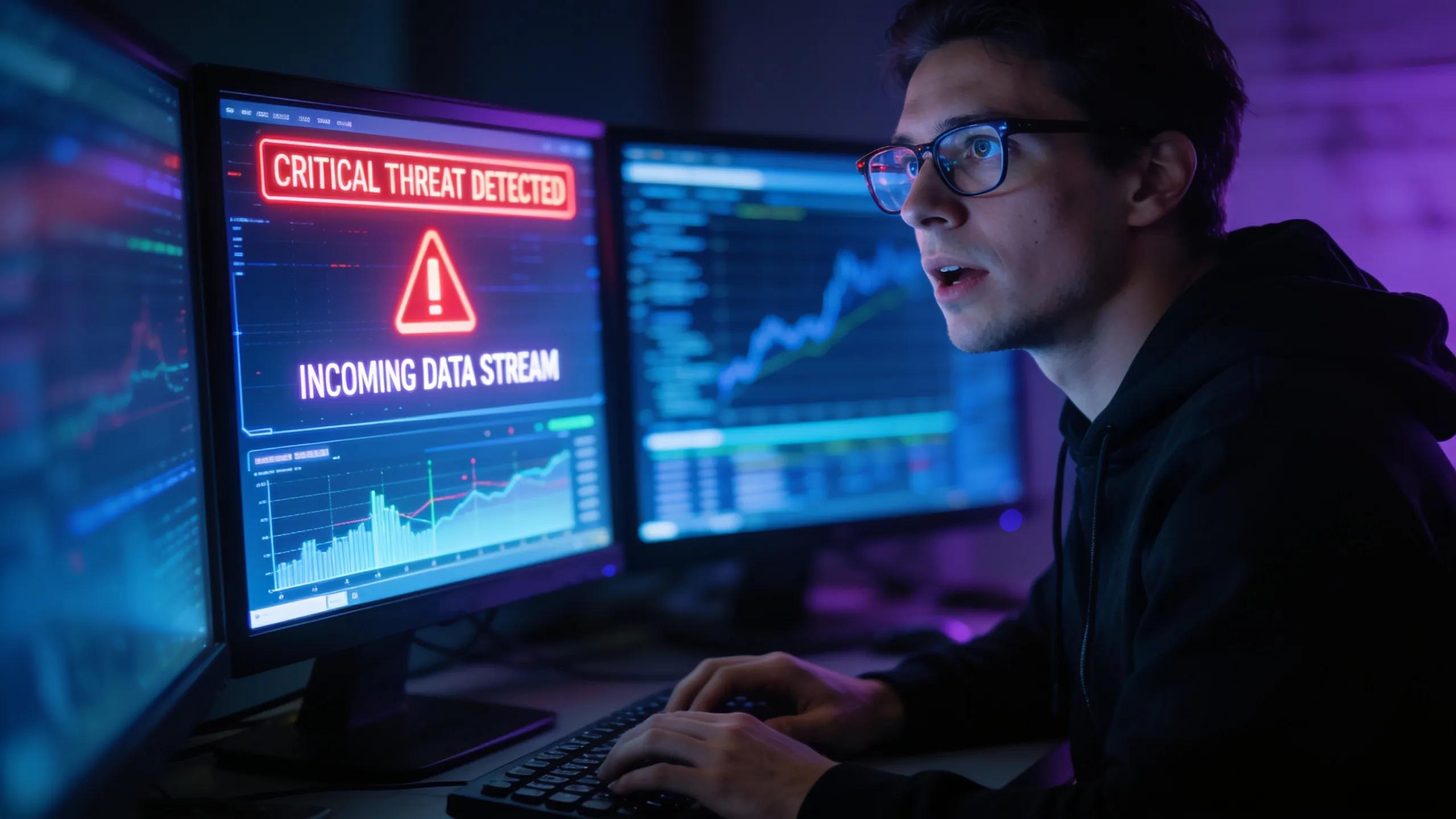 Cybersecurity professional monitoring security alerts on multiple screens