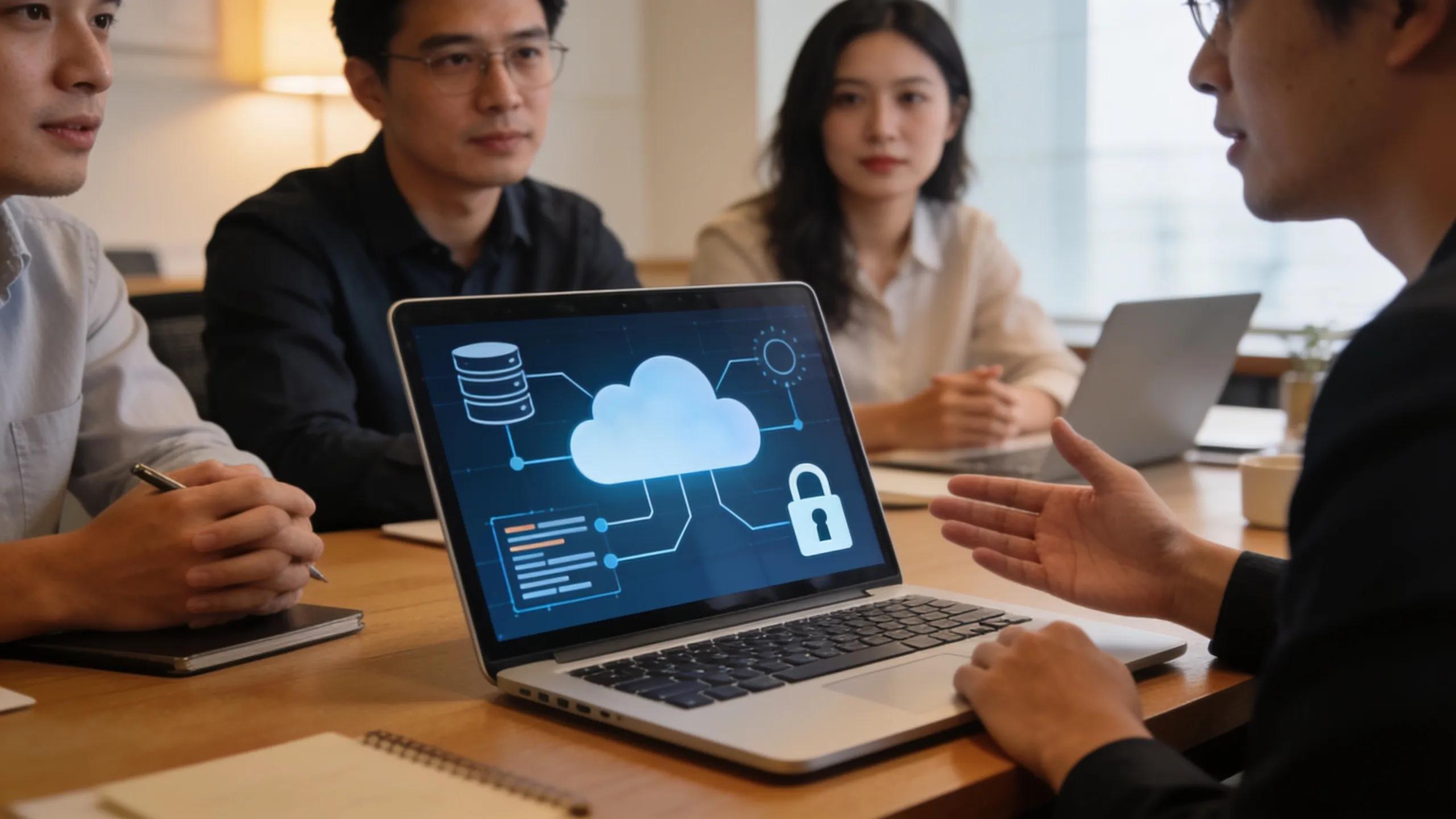 Business team discussing cloud security strategies, emphasizing collaboration in data protection