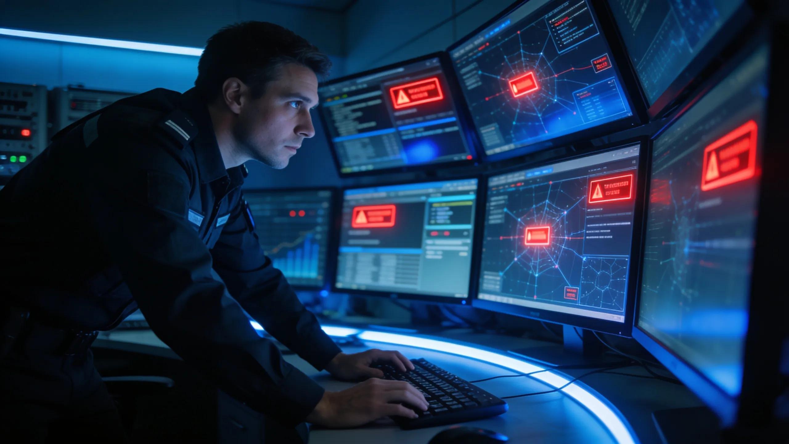 Cybersecurity professional actively monitoring security protocols in a high-tech operations center