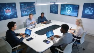 Small business team collaborating on cybersecurity strategy in a modern office