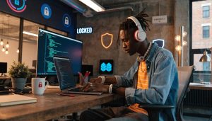 Small business owner employing cybersecurity solutions with modern technology